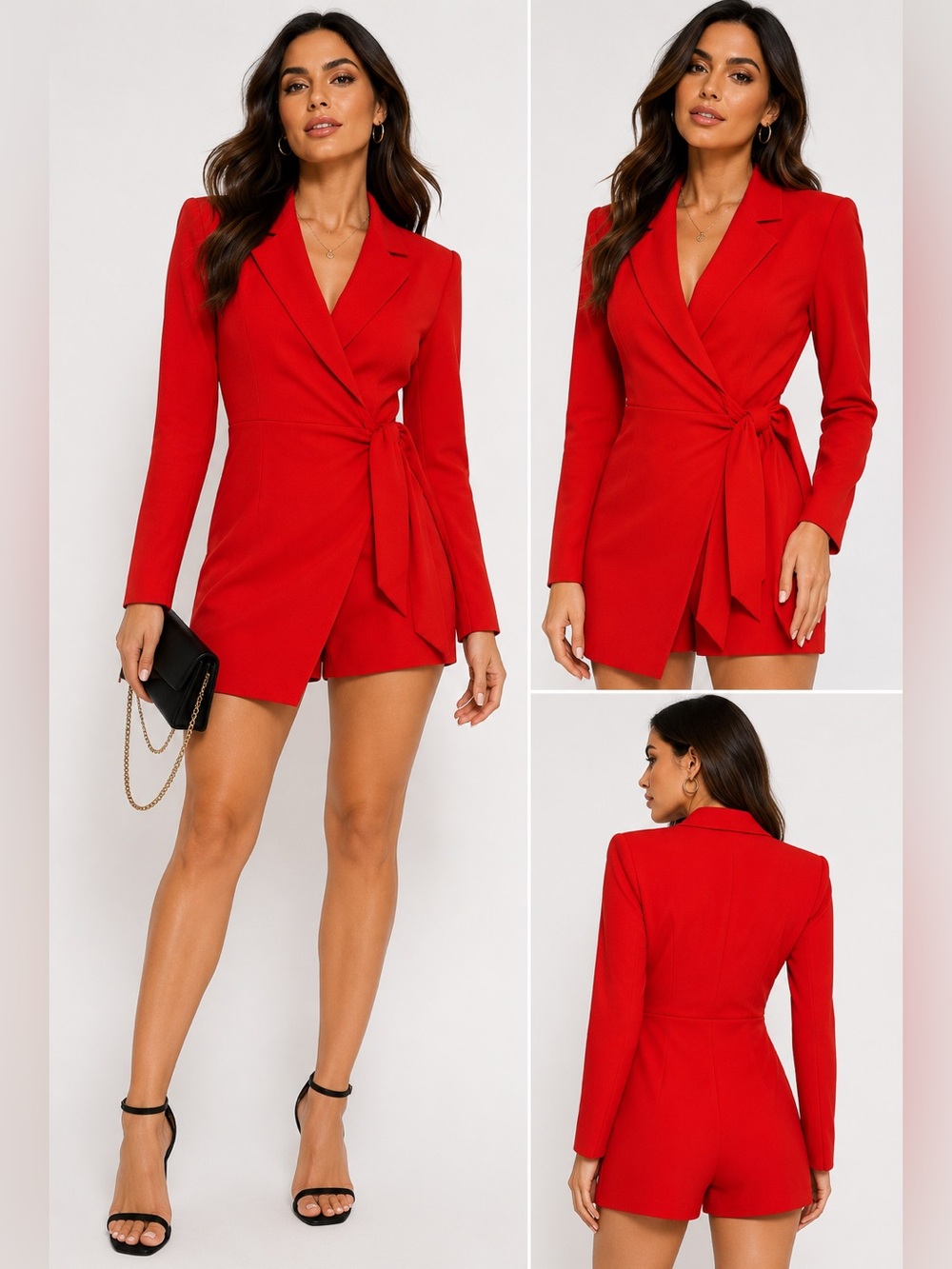 Zara Red Blazer Romper XS Wrap Tie Waist Long Sleeve